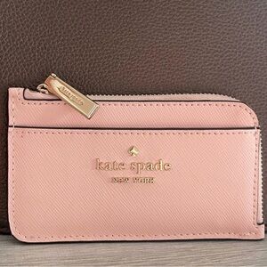 NWOT Kate Spade Pink and gold Saffiano leather corner zip card holder/ wallet